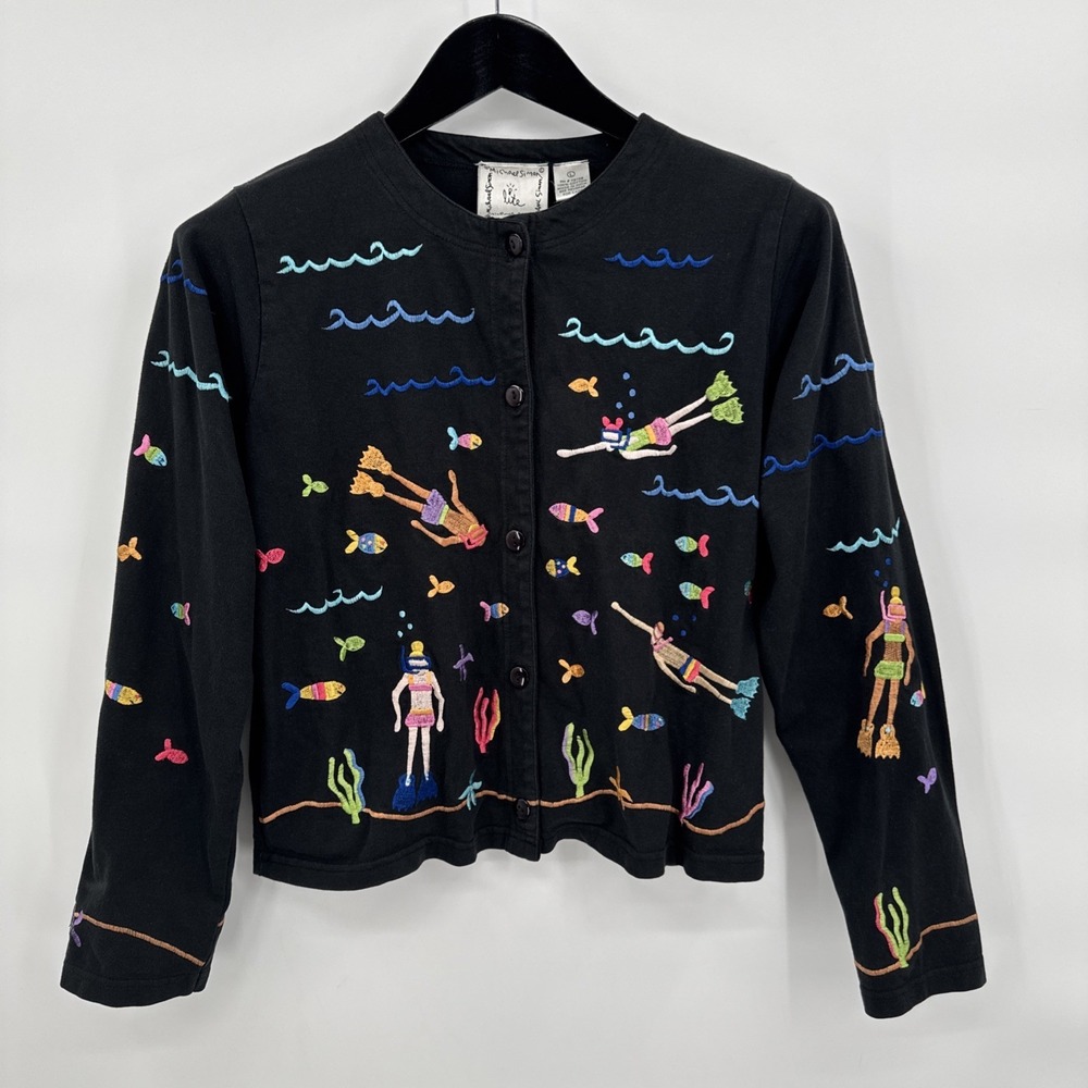 Michael Lite Cardigan Sweater‎ Womens L Black Embroidered Snorkeling Beach Vaca